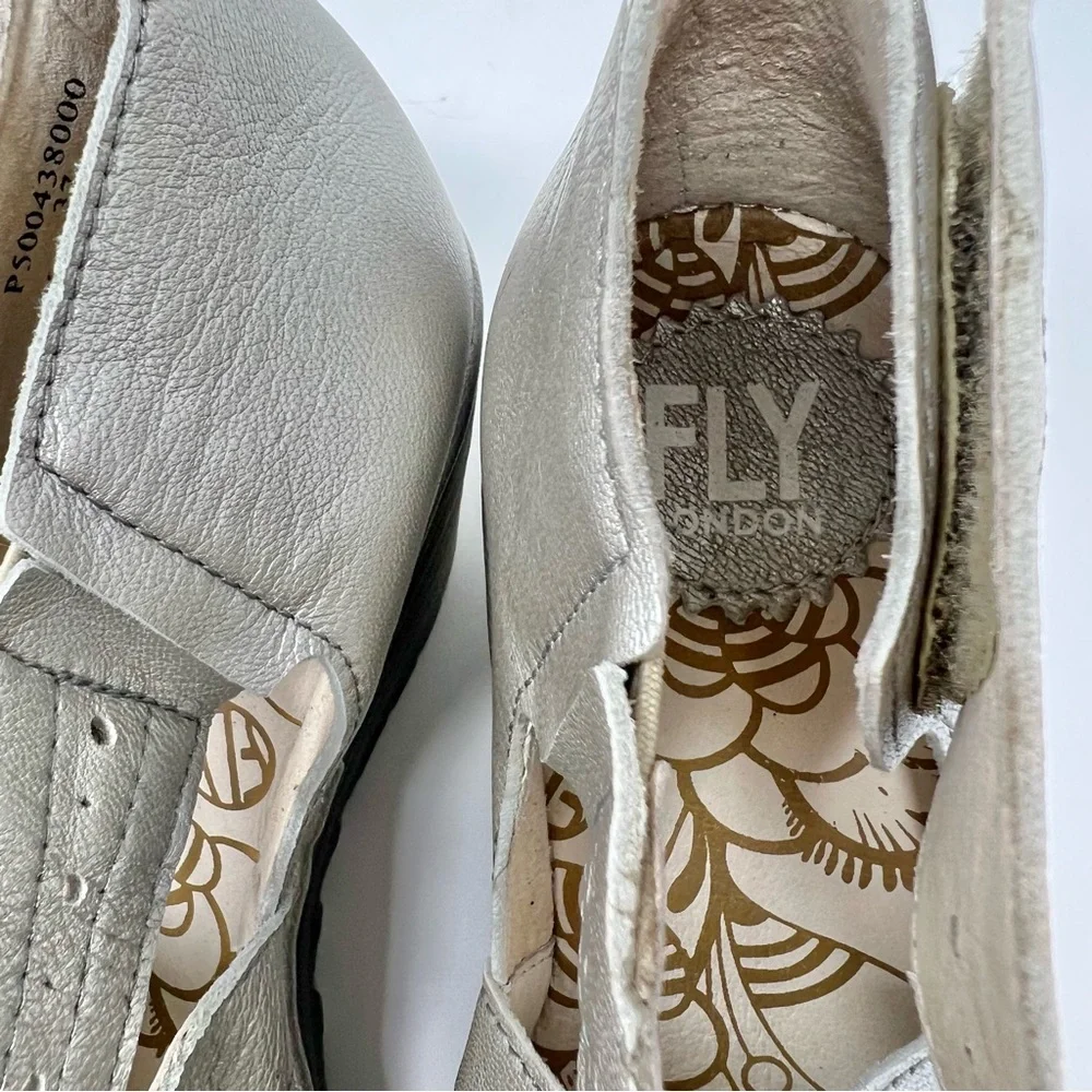 Fly London Silver Leather Wedge Mary Jane